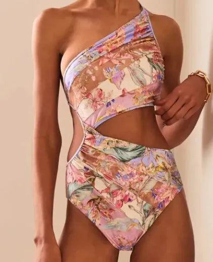 Women's rose gold printed swimsuit in polyester fabric for summer beach and pool use