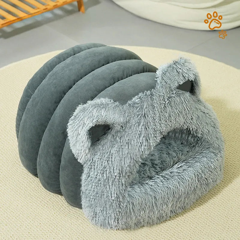 Plush cat ear pet bed in blue with thick padding and large collar design