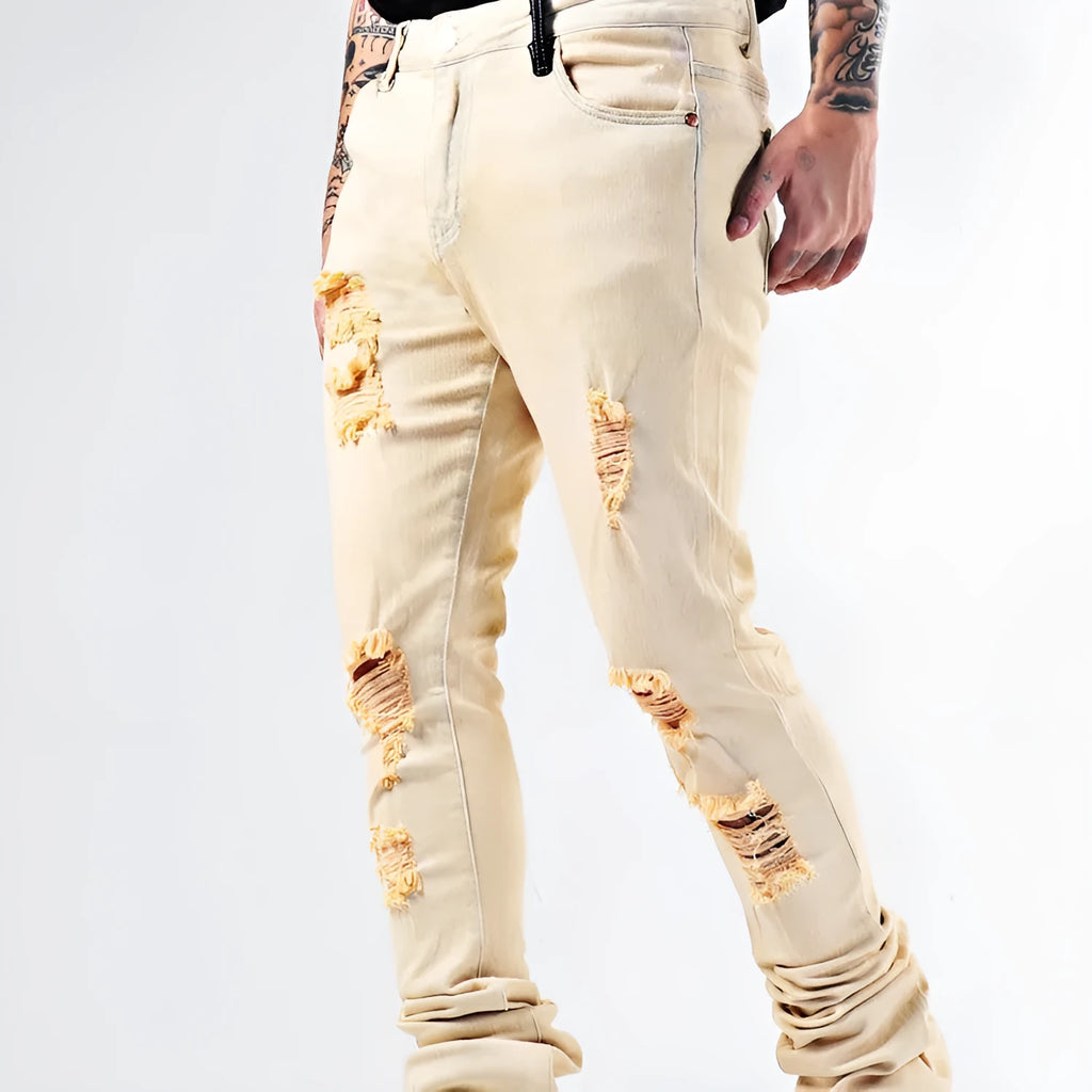 Elastic Youth heavy duty flare jeans in apricot cotton stretch denim with medium high waist and zipper placket
