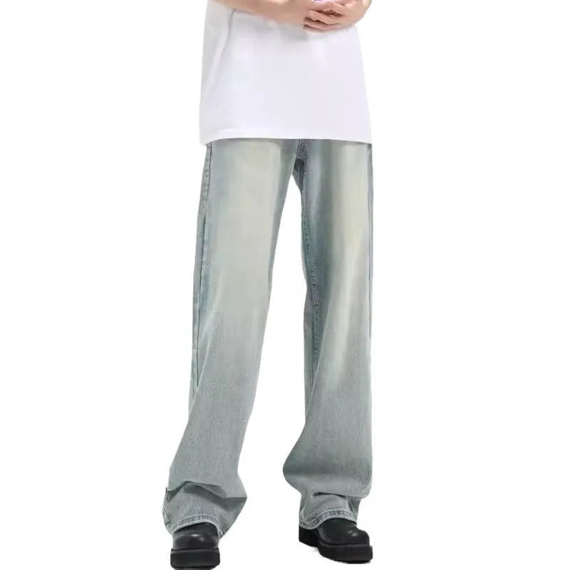 Blue loose-fit retro casual trousers with an elasticated waistband on a neutral background.