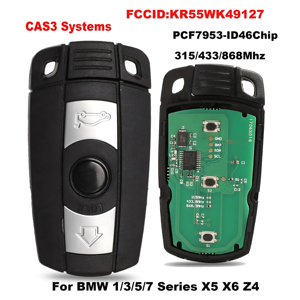 BMW semi-intelligent three-button remote car key fob on a grey background