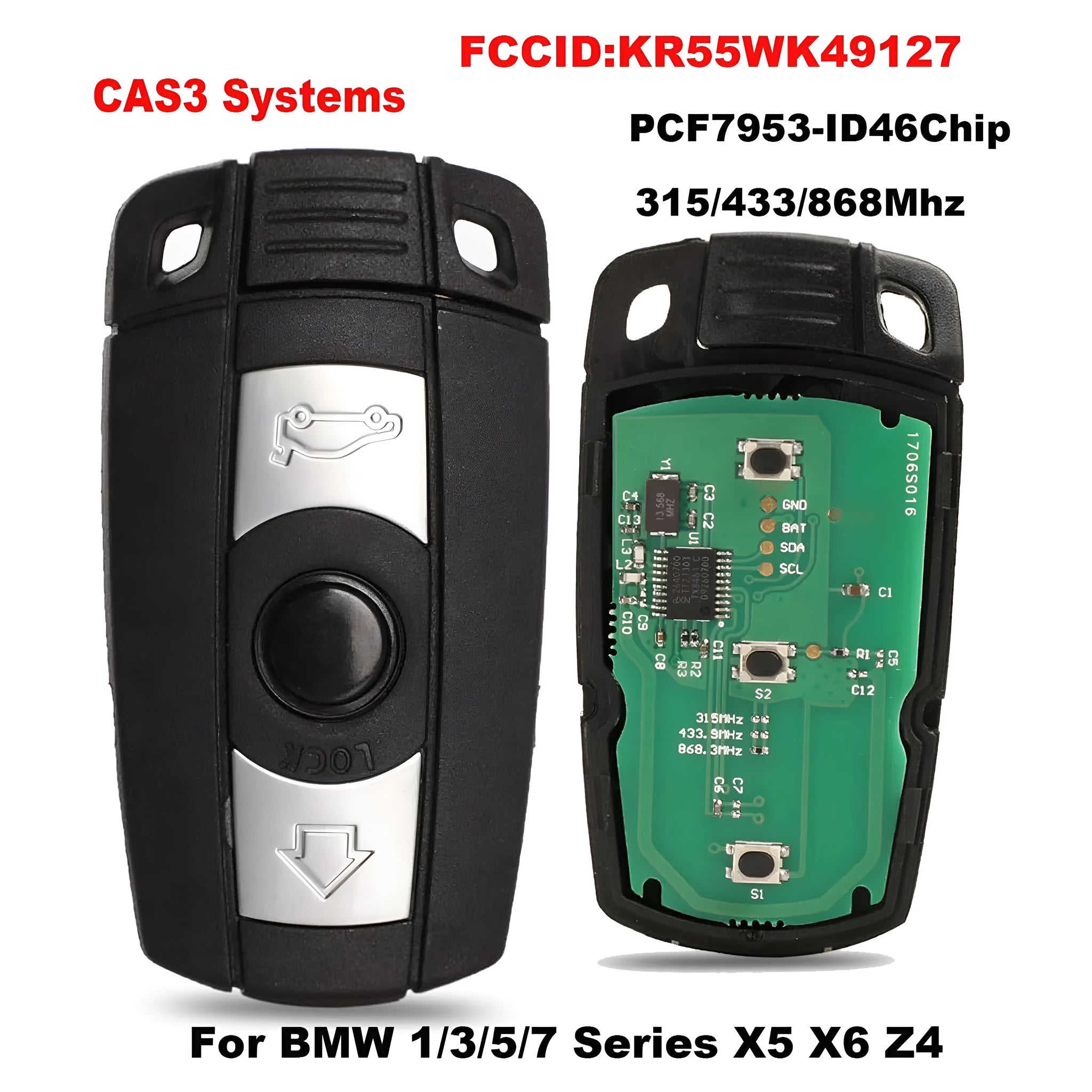 BMW semi-intelligent three-button remote car key fob on a grey background