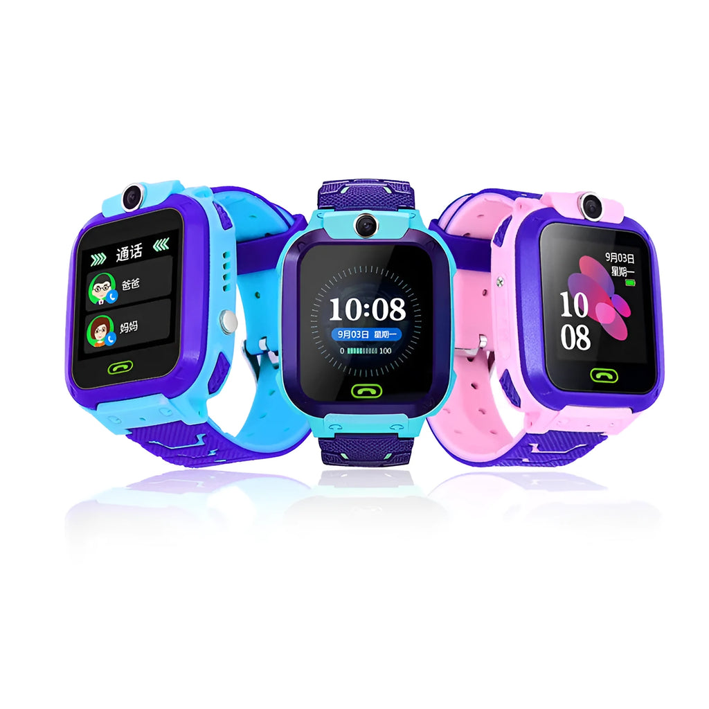 Blue children's waterproof smartwatch with a colour touch screen and silicone strap on a wrist.