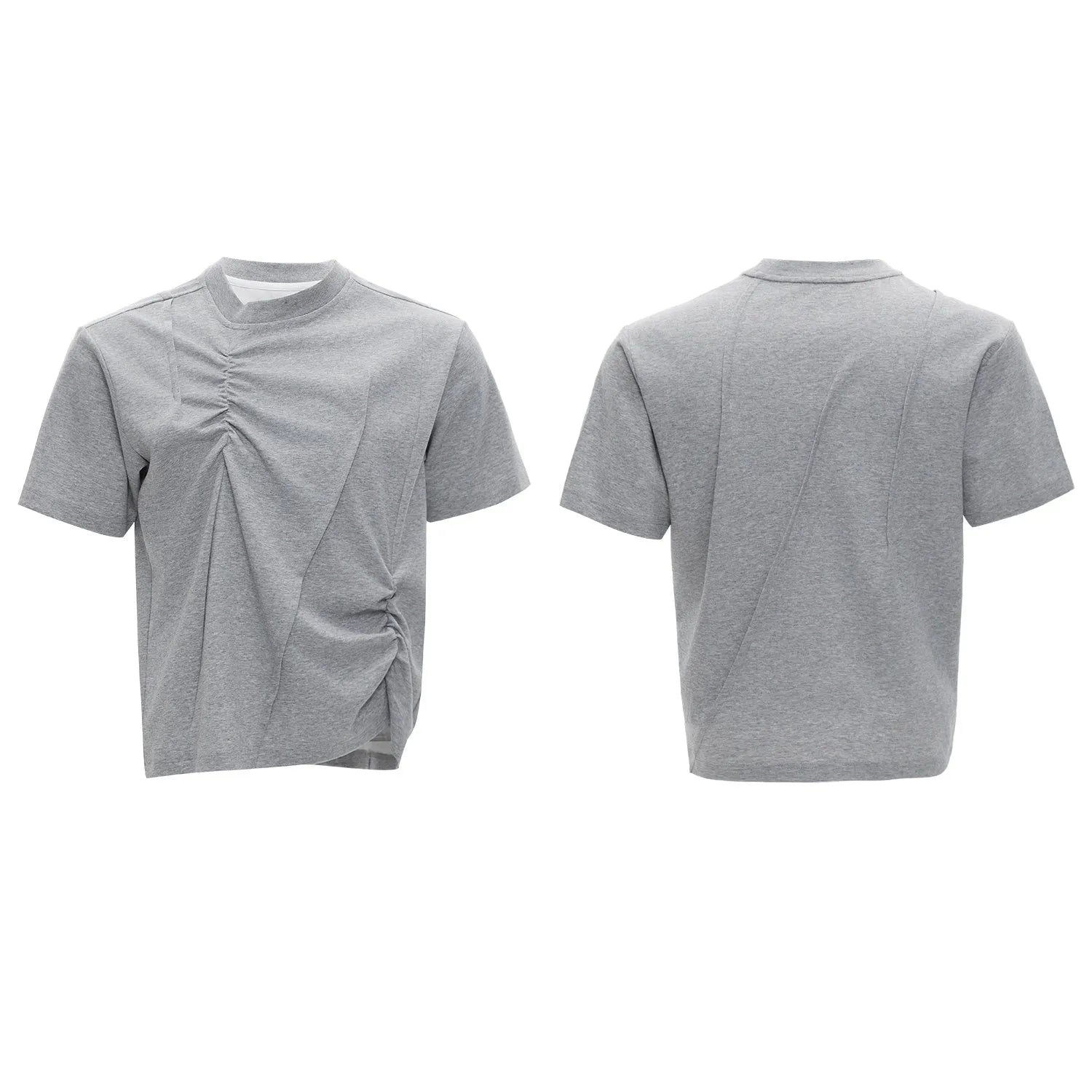 Men's loose black cotton T-shirt with textured pleats and asymmetric design detail.