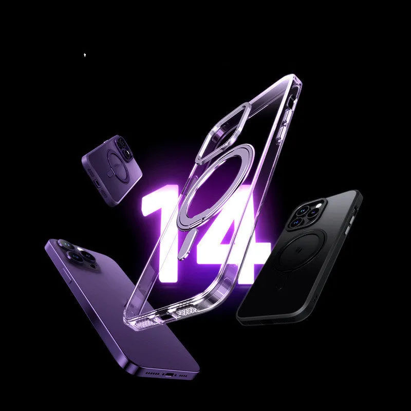Transparent fulcrum iPhone case with magnetic bracket on grey background.
