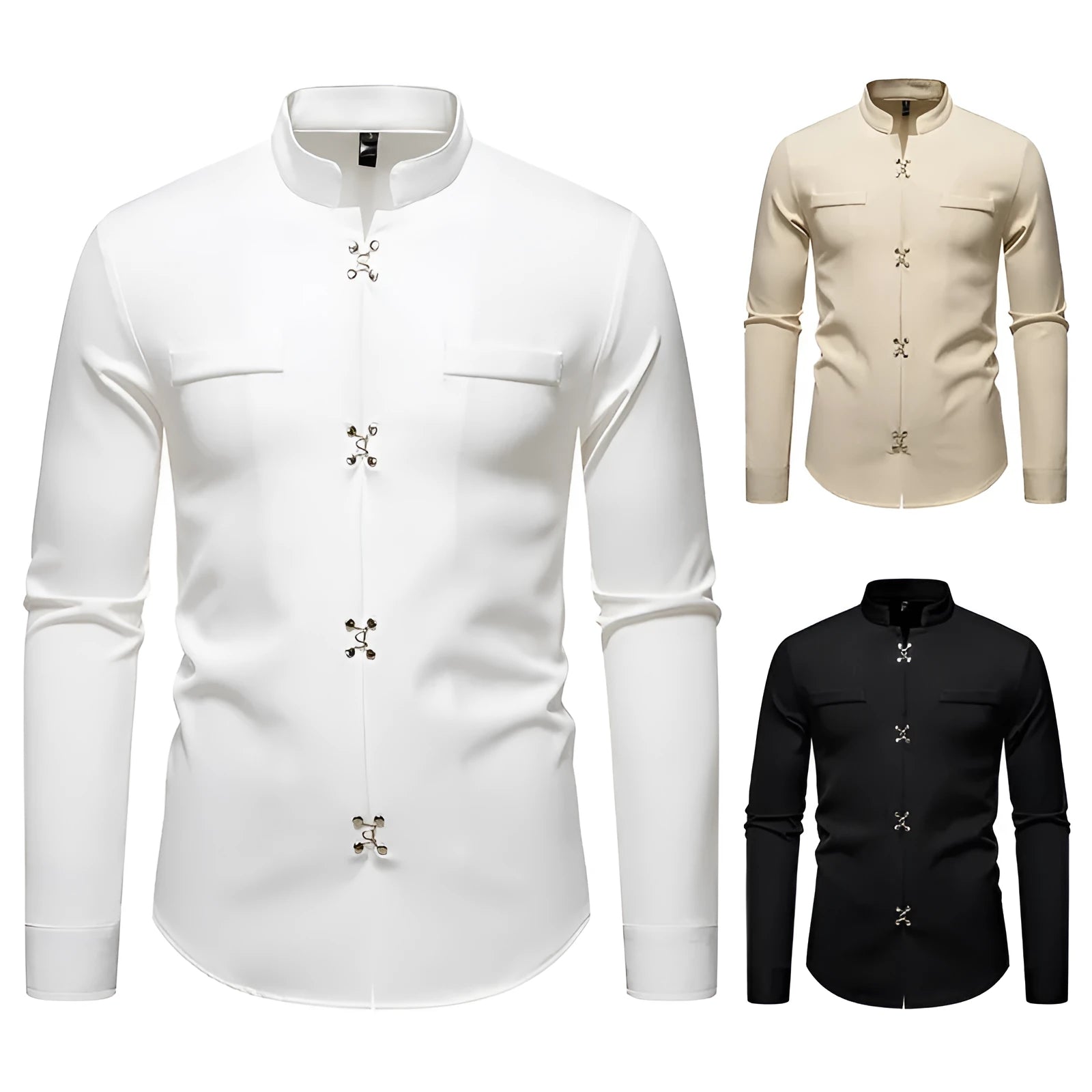 Men's long-sleeved polyester slim-fit cardigan-style casual shirt in white, black, and khaki, sizes S to 2XL
