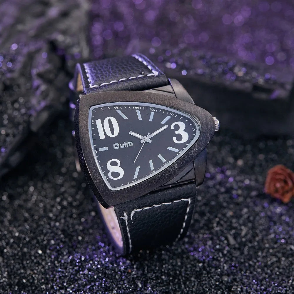 Men's casual quartz watch with triangle belt strap, shown in brown, black, and blue colour options.