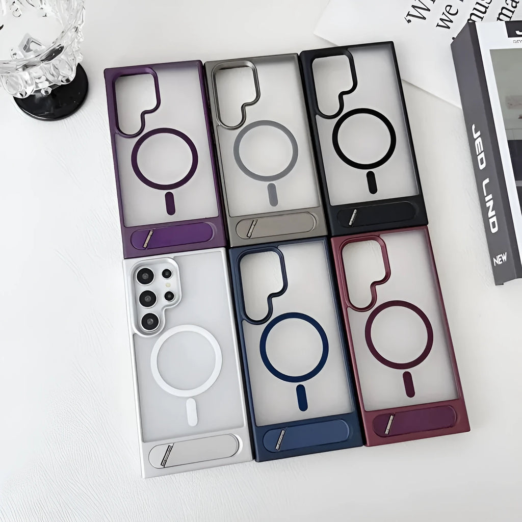 Samsung folding metal bracket phone case with magnetic skin feeling in black frosted finish on a flat surface