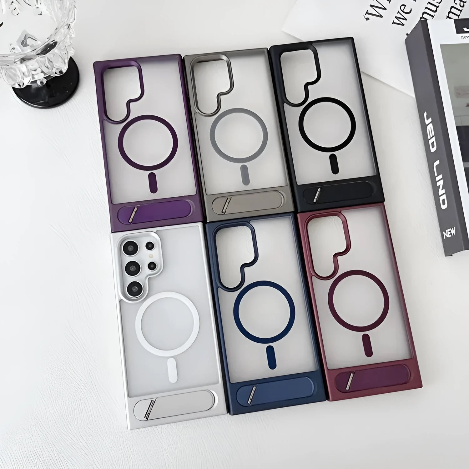 Samsung folding metal bracket phone case with magnetic skin feeling in black frosted finish on a flat surface