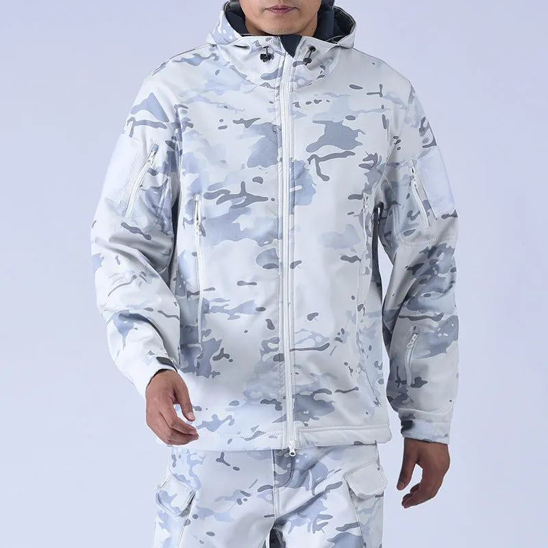Snow camouflage waterproof fleece windbreaker with wool lining, autumn winter outdoor jacket