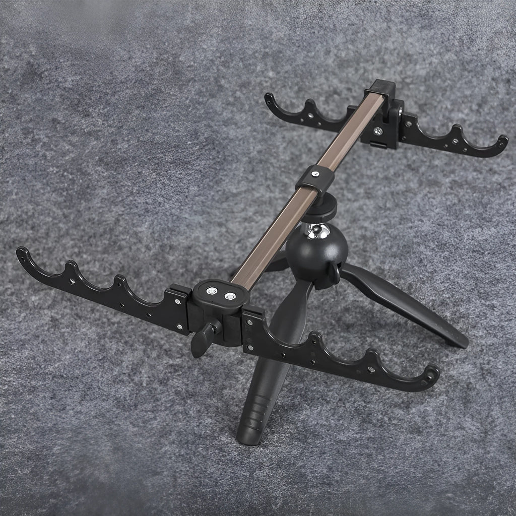 Aluminium tripod ice fishing rod holder bracket on ice.