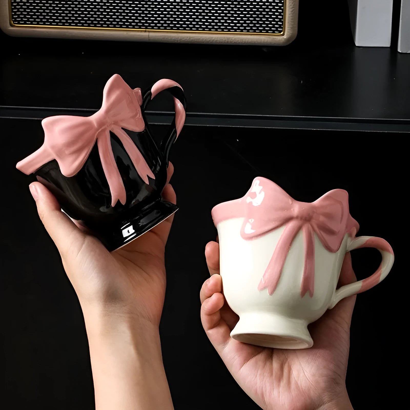 White ceramic mug with heart and bow design, 301-400ml capacity, bow-shaped handle