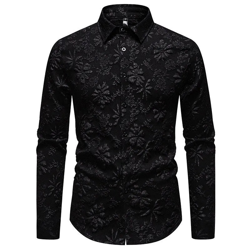Men's floral jacquard long sleeve shirt, loose-fit cardigan style, solid colour in black, side view