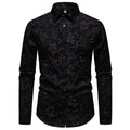 Men's floral jacquard long sleeve shirt, loose-fit cardigan style, solid colour in black, side view
