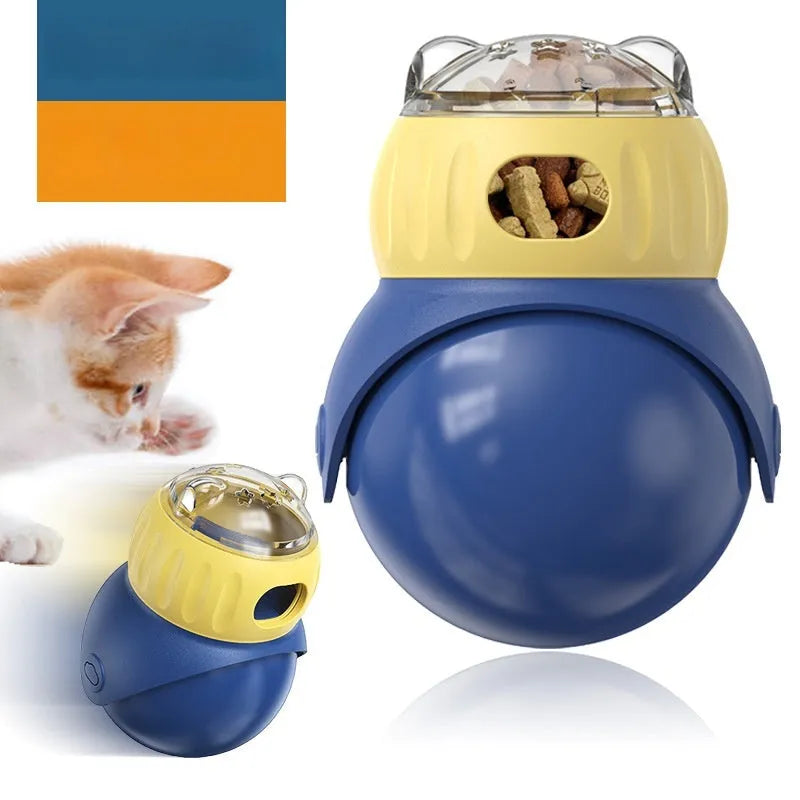 Morandi yellow and blue plastic owl-shaped tumbler cat toy with a food puzzle feeder.