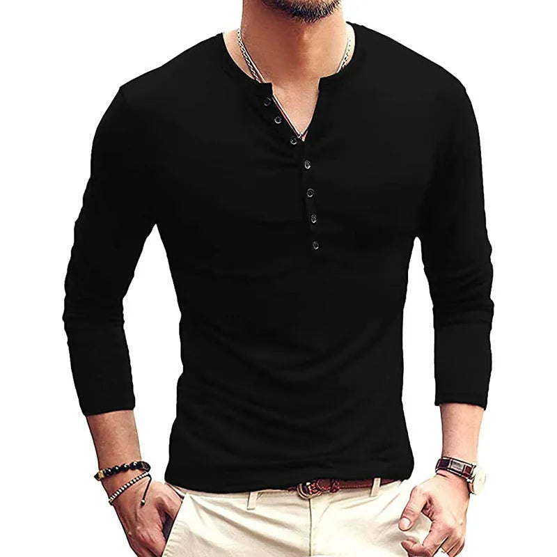 Men's solid colour long sleeve henley shirt in a cotton blend fabric on a neutral background.