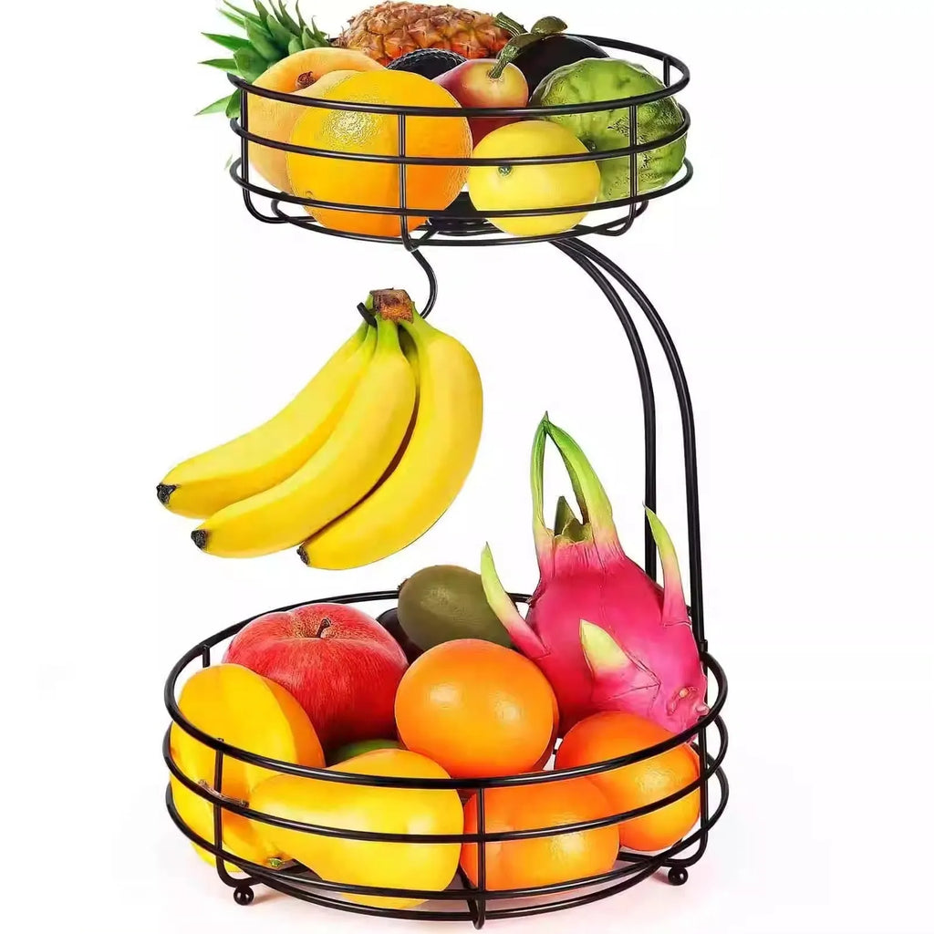 Black and gold wrought iron double-layer fruit storage basket for restaurant kitchen