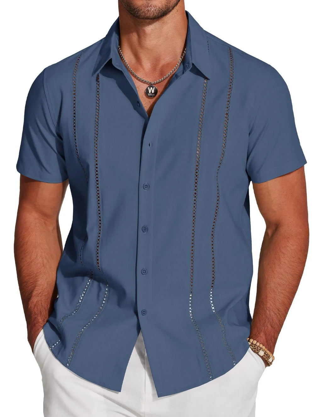 Man wearing a slim fit digital print Hawaiian short sleeve shirt in an elastic fabric
