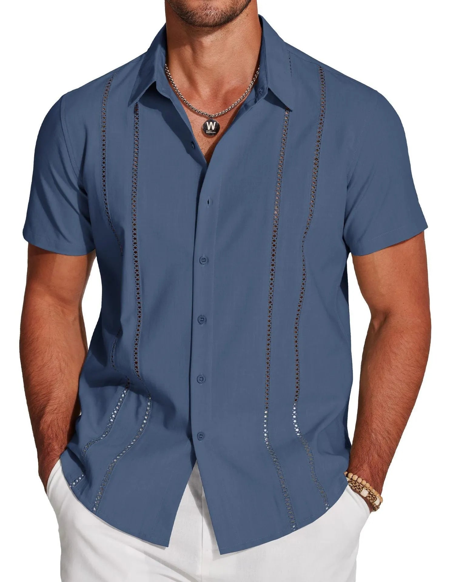 Man wearing a slim fit digital print Hawaiian short sleeve shirt in an elastic fabric