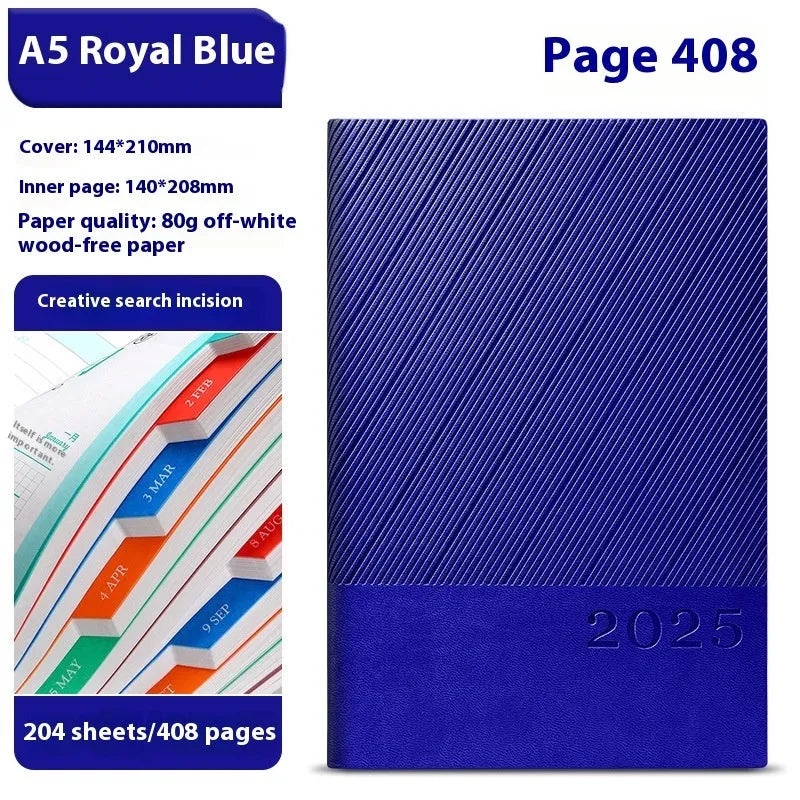 A5 striped PU leather notepad open on a desk showing thickened paper, available in eight colours.