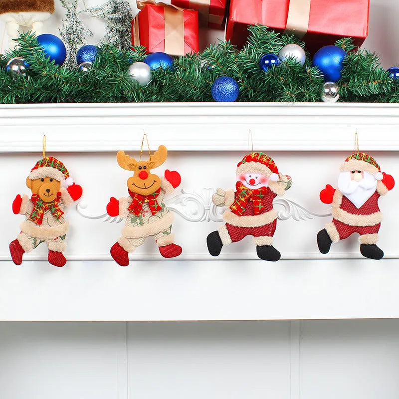Set of four Christmas tree ornaments featuring Santa, snowman, reindeer and bear figures with red and white scarves