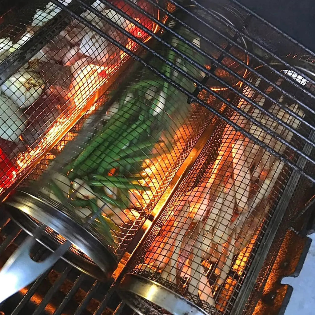 Cylindrical iron wire rolling barbecue grilling basket with a metal hook.