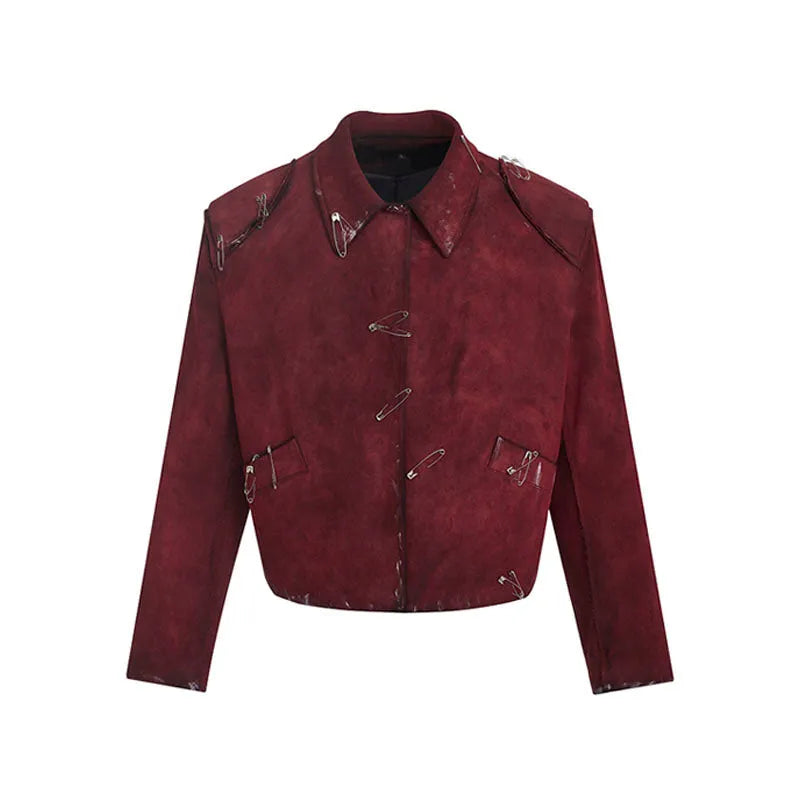 Men's red quilted jacket with decorative flocking pins and lapel collar