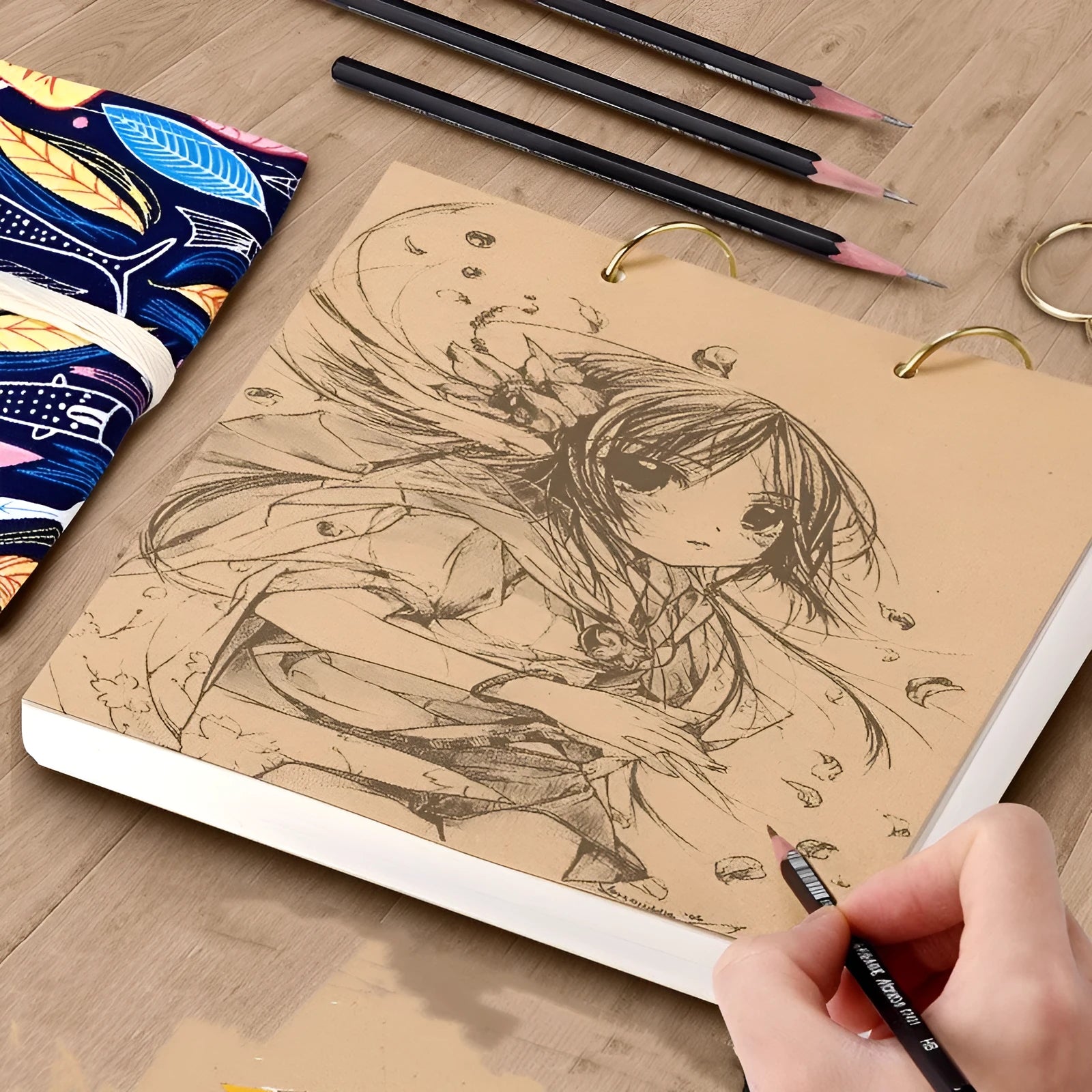 8K thickened sketchbook open showing coil binding and marker illustration on specialised paper