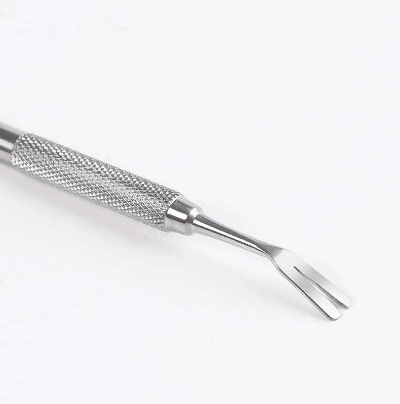 Silver stainless steel tick removal tweezers with fine tips and an ergonomic handle for pets.