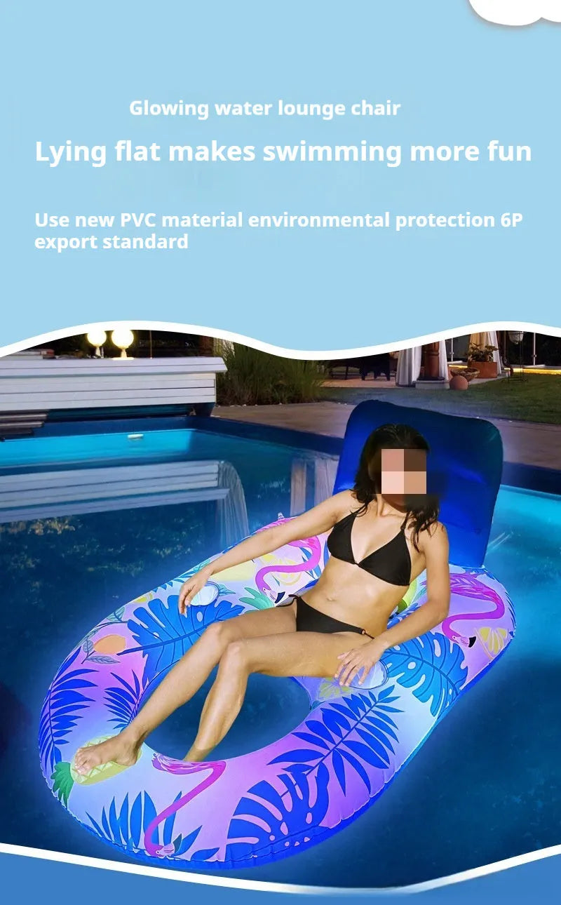 White luminous inflatable PVC pool floating bed with backrest reclined on water