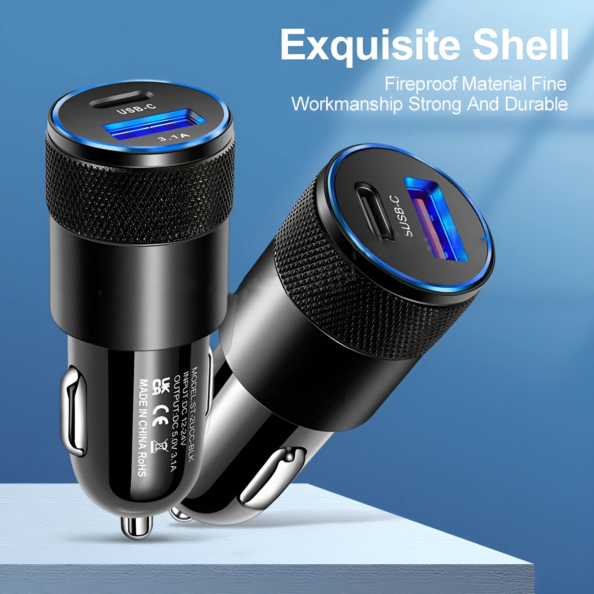 Aluminium alloy car charger in All Black and Black Silver colours with compact 2.5x6cm dimensions