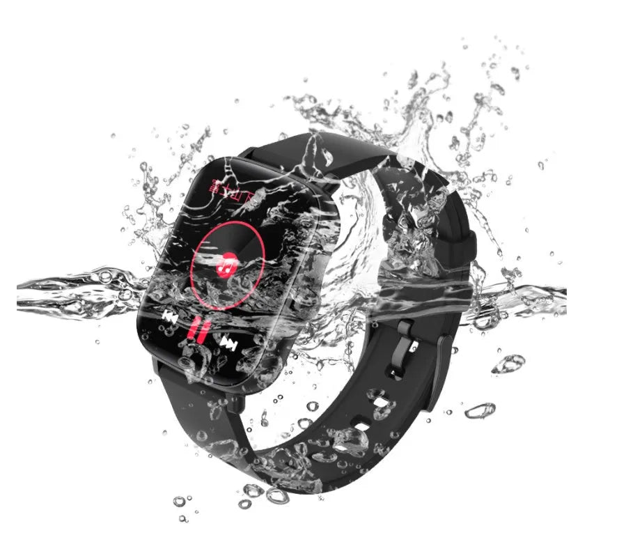 Blue smart watch with 1.7-inch colour touch screen on adjustable strap showing interface