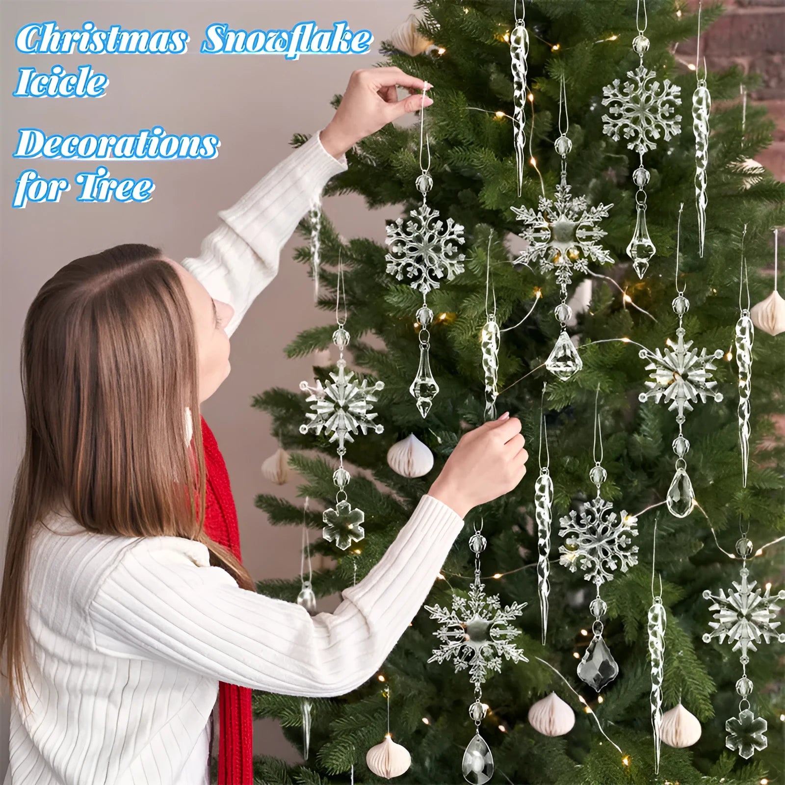 10 clear acrylic icicle and snowflake Christmas tree ornaments with white ribbons