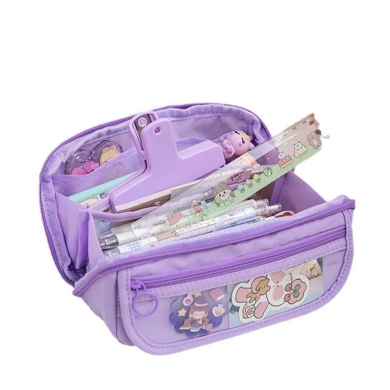 Korean canvas pencil case showing ten-layer flip design in multiple colour options