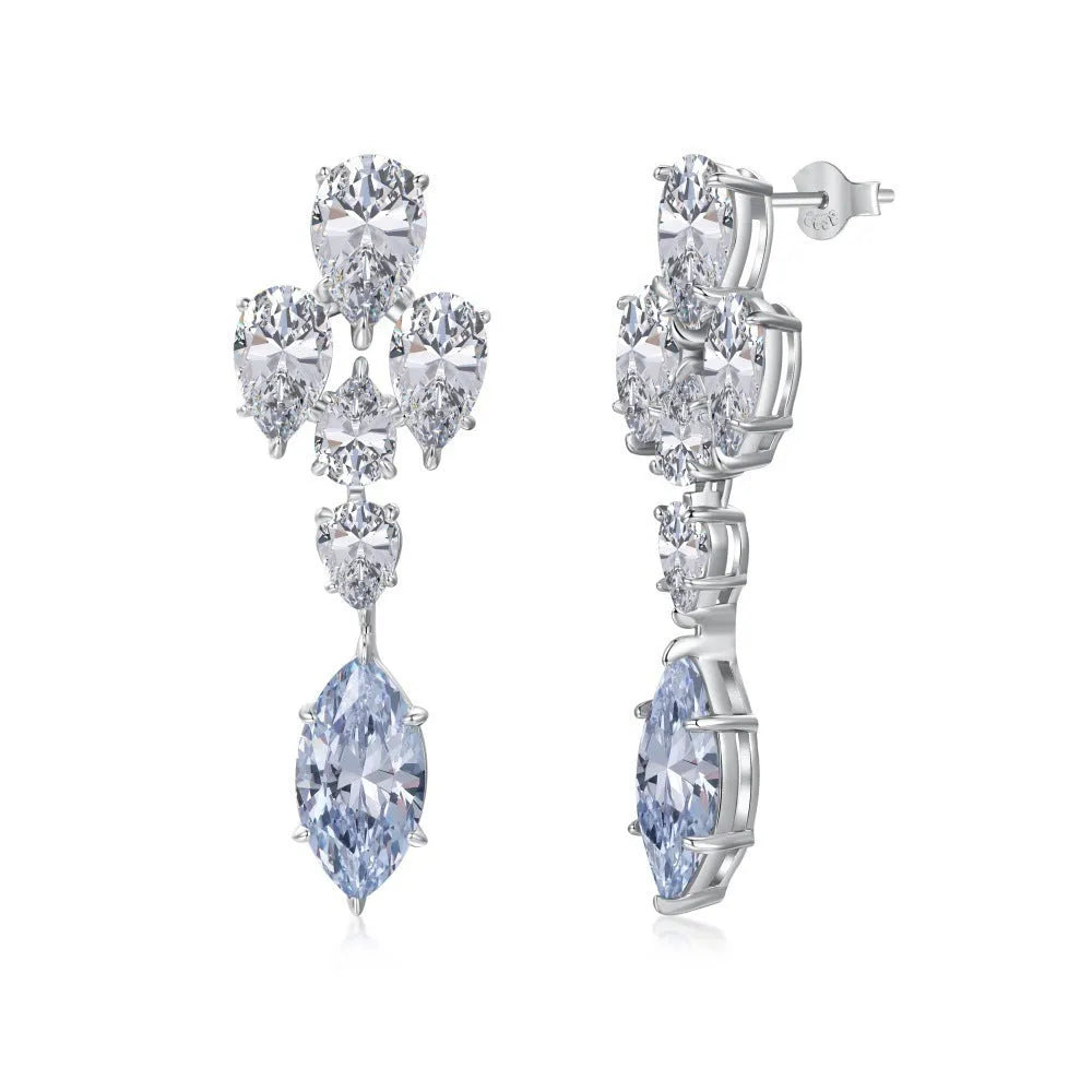 S925 sterling silver raindrop stud earrings in platinum blue diamond electroplated finish
