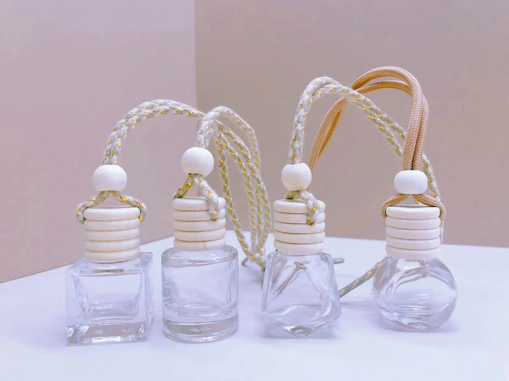Car perfume pendant fragrance with glass bottle in cylinder, diamond, flat drum and square options