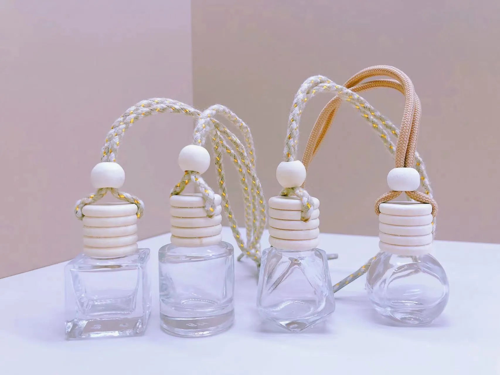 Car perfume pendant fragrance with glass bottle in cylinder, diamond, flat drum and square options