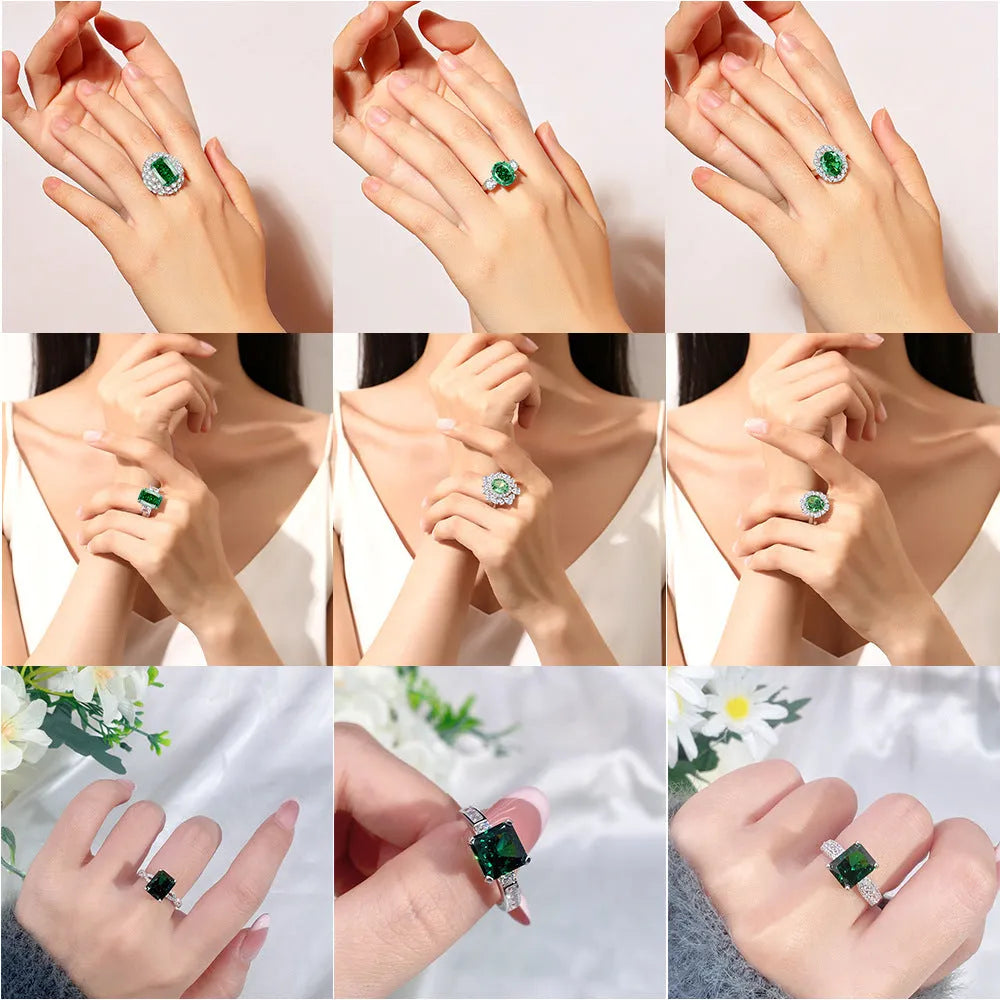 Women's emerald ring in S925 sterling silver with geometric shape and high carbon diamond.