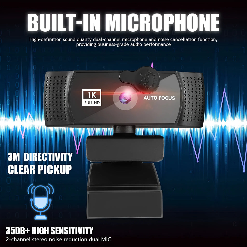 4K auto focus computer camera with 8MP CMOS sensor and built-in microphone on a desk