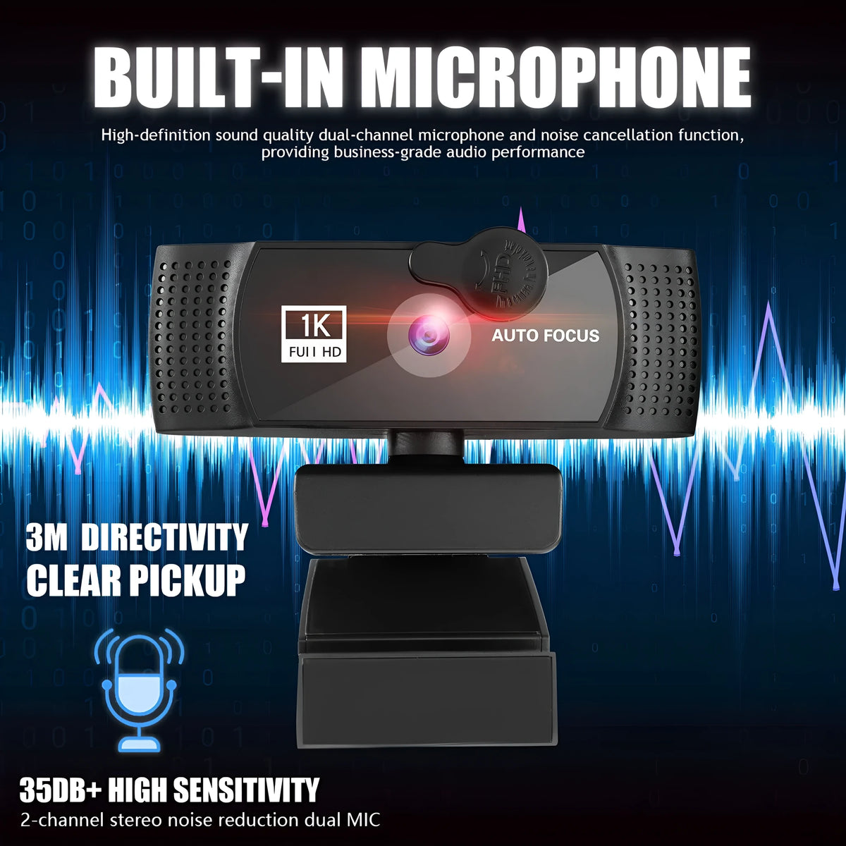 4K auto focus computer camera with 8MP CMOS sensor and built-in microphone on a desk