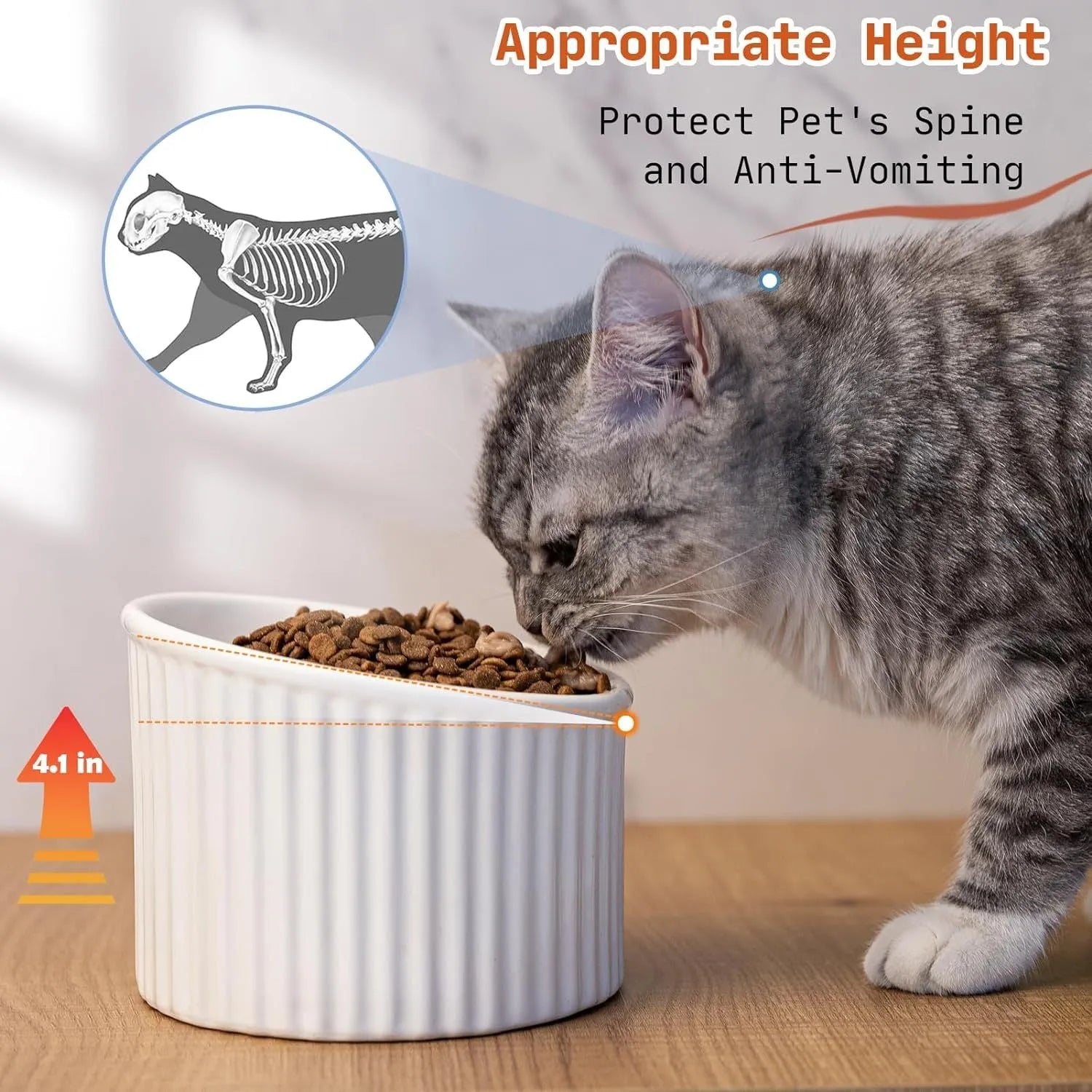 Dark green ceramic elevated cat bowl with tilted, round design on a wooden floor.