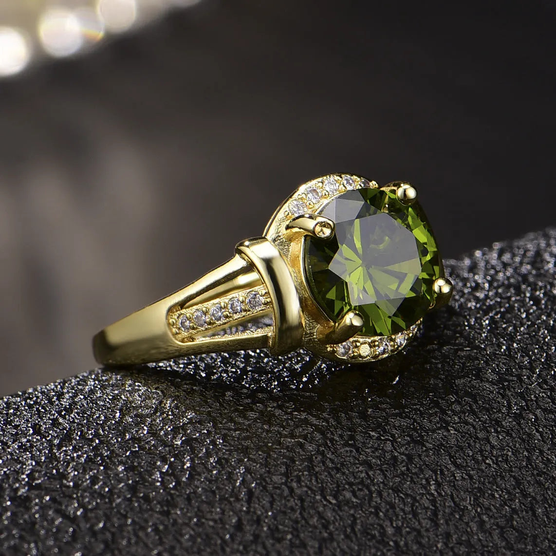 Olive green 18K gold-plated adjustable open ring on copper with sparkling stone inlay, geometric style