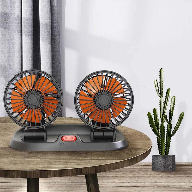 Creative Car Rotatable F410 Double Head Folding Fan in black with dual rotatable heads and folding design