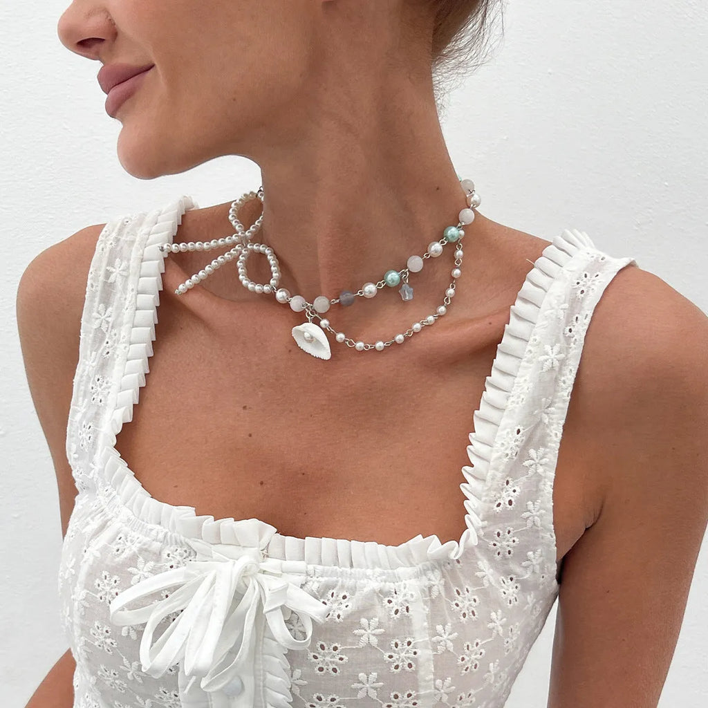 French pearl light luxury clavicle ocean necklace geometric shell shape gold finish on woman