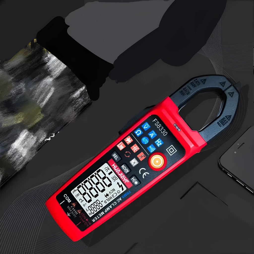 Red digital clamp meter with 40mm clamp opening, LED HD display, 174×59×27mm, 149g, for 0-600V and 0.2-200A testing