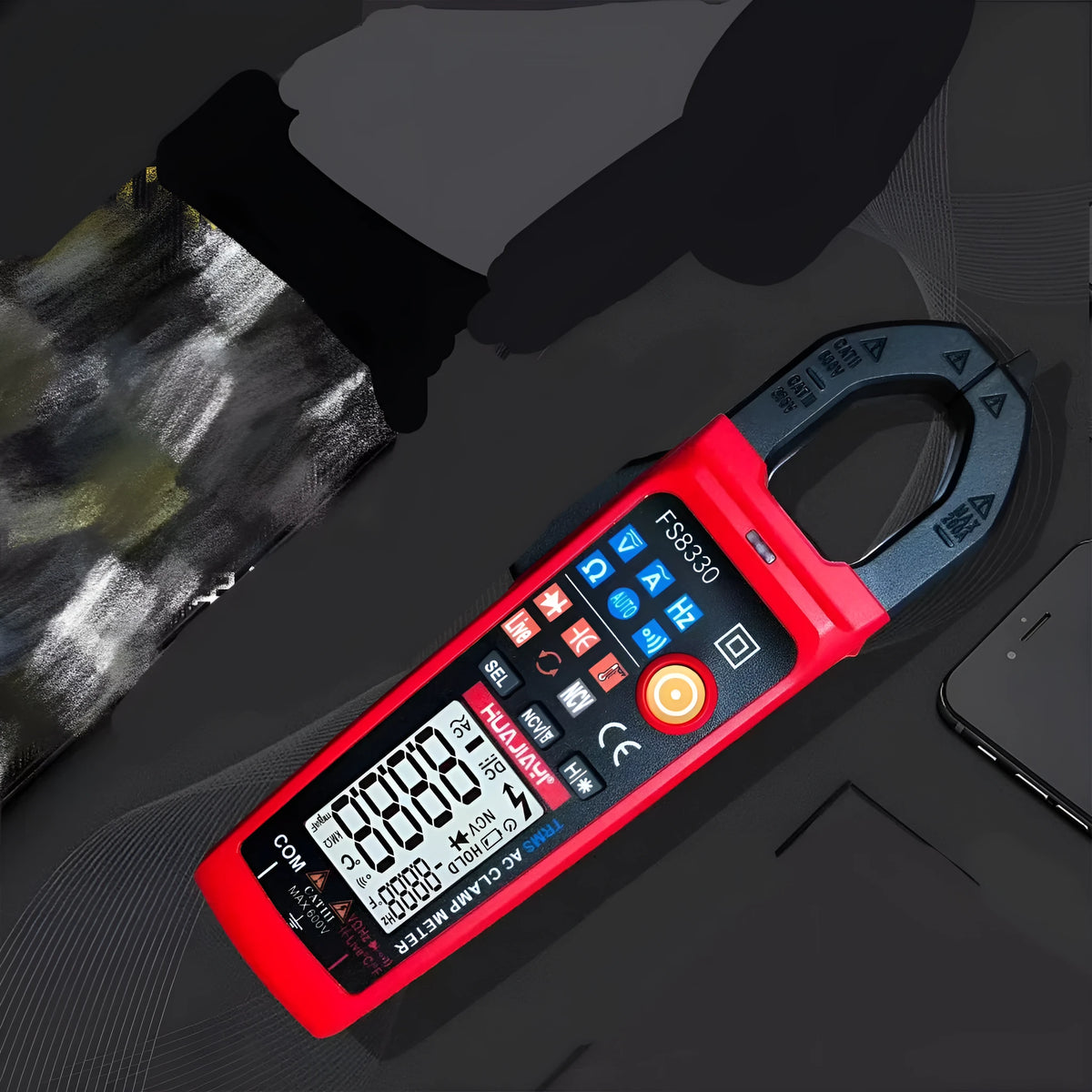 Red digital clamp meter with 40mm clamp opening, LED HD display, 174×59×27mm, 149g, for 0-600V and 0.2-200A testing