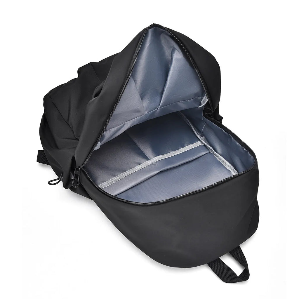 Casual large capacity Oxford cloth backpack in black with curved shoulder straps and sewing line detail