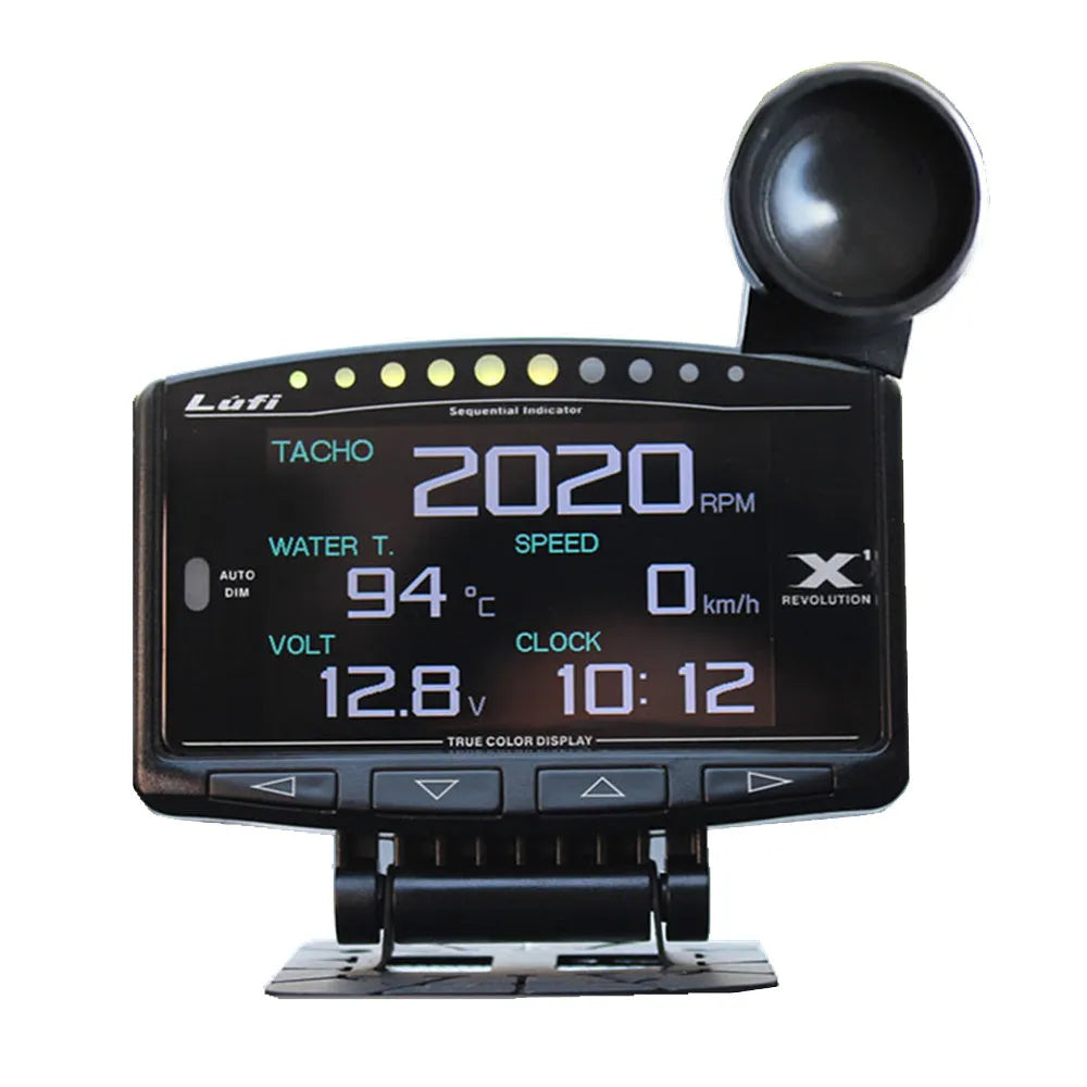 X1 automotive multi-function OBD instrument with LED display and metal casing.