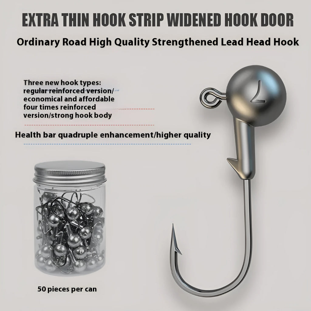 50-piece strengthened steel jig hooks in primary colours with lead-headed hook