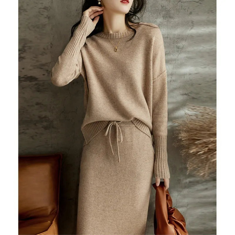 Women's knitted loose top and mid-length skirt two-piece set in coffee colour with long sleeves and tie-dye pattern